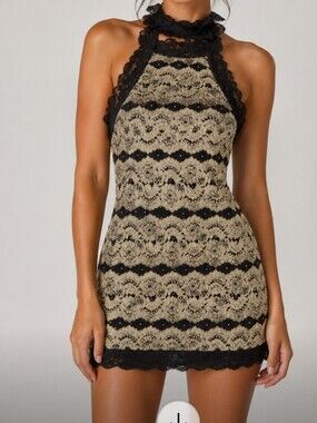 VTG Y2K Whimsigoth Lace Halter Mini Dress Metallic Gold Black Grunge
